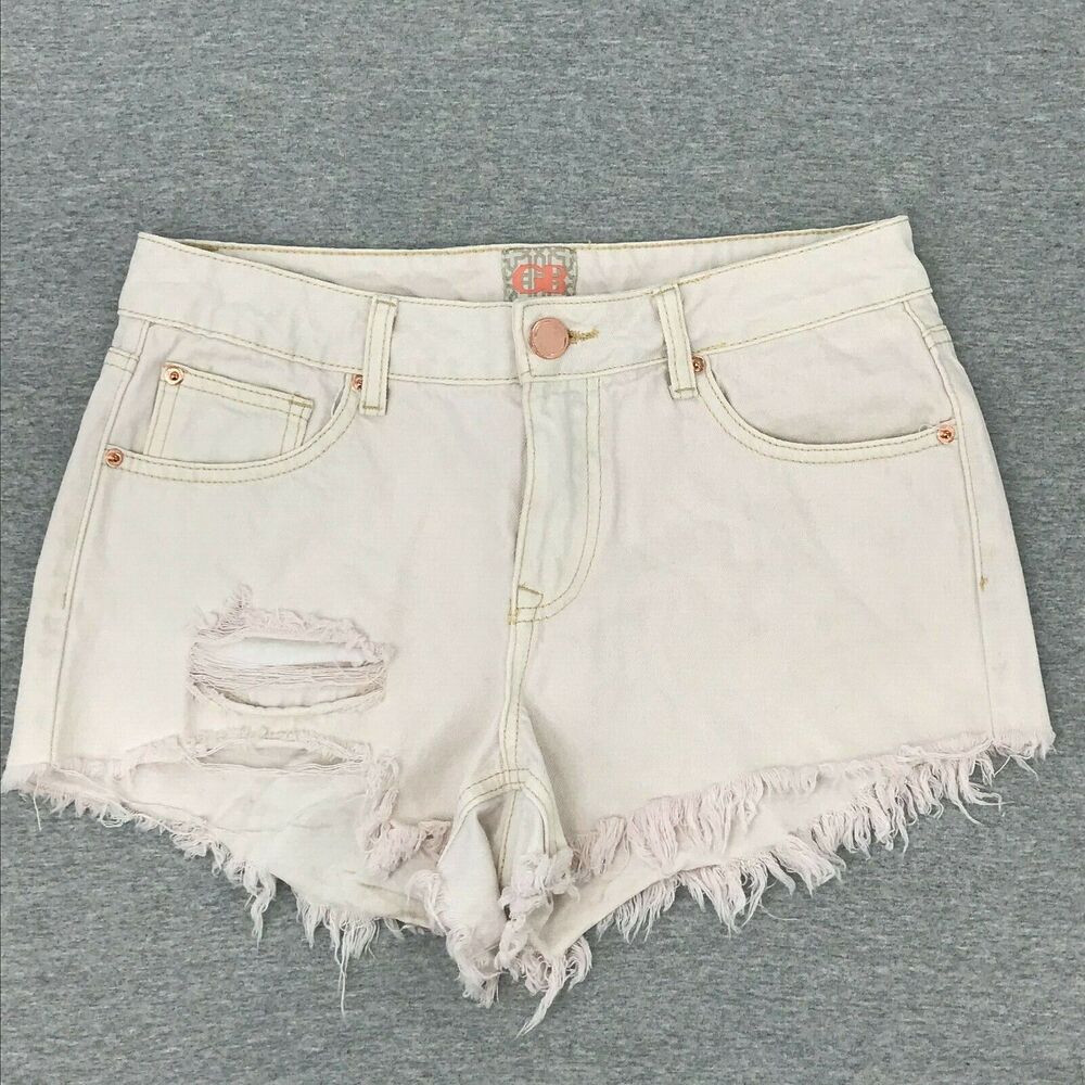 Gianni Bini Jean Shorts Womens Junior 7 Distressed Cream Denim Cutoff High Rise